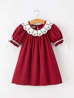 Christmas Holly Embroidered Girls Dress Petals Collar Puff Sleeve by Rylee Faith Designs