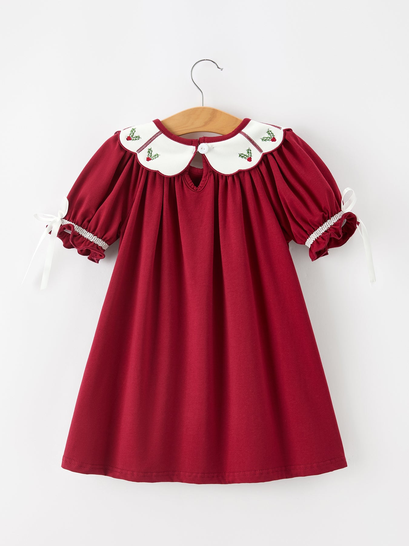 Christmas Holly Embroidered Girls Dress Petals Collar Puff Sleeve by Rylee Faith Designs