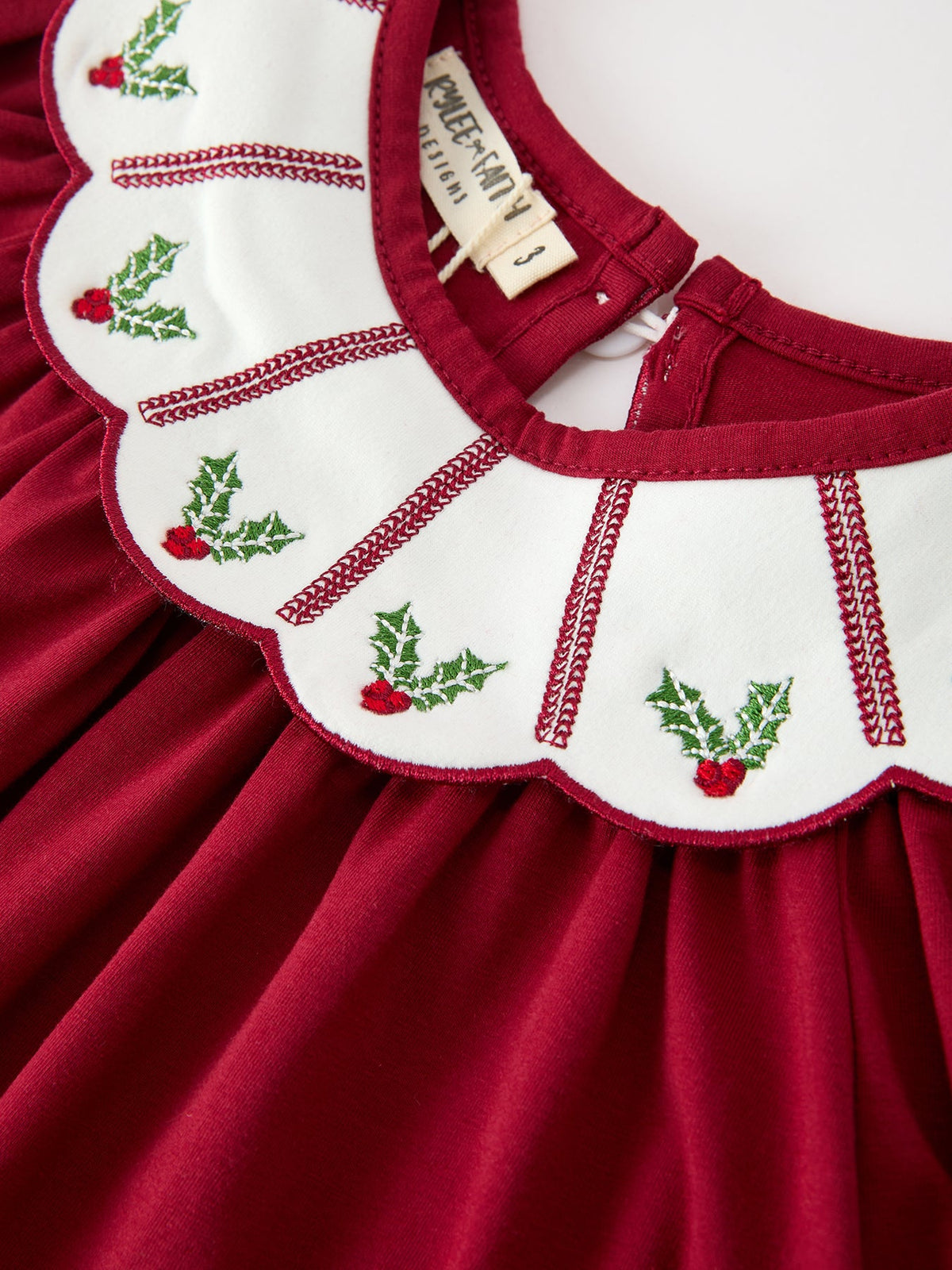 Christmas Holly Embroidered Girls Dress Petals Collar Puff Sleeve by Rylee Faith Designs