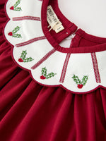 Christmas Holly Embroidered Girls Dress Petals Collar Puff Sleeve by Rylee Faith Designs