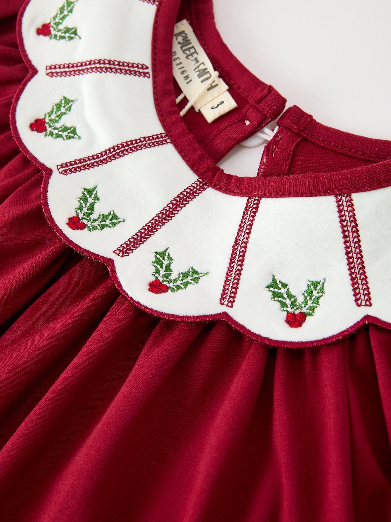 Christmas Holly Embroidered Girls Dress Petals Collar Puff Sleeve by Rylee Faith Designs