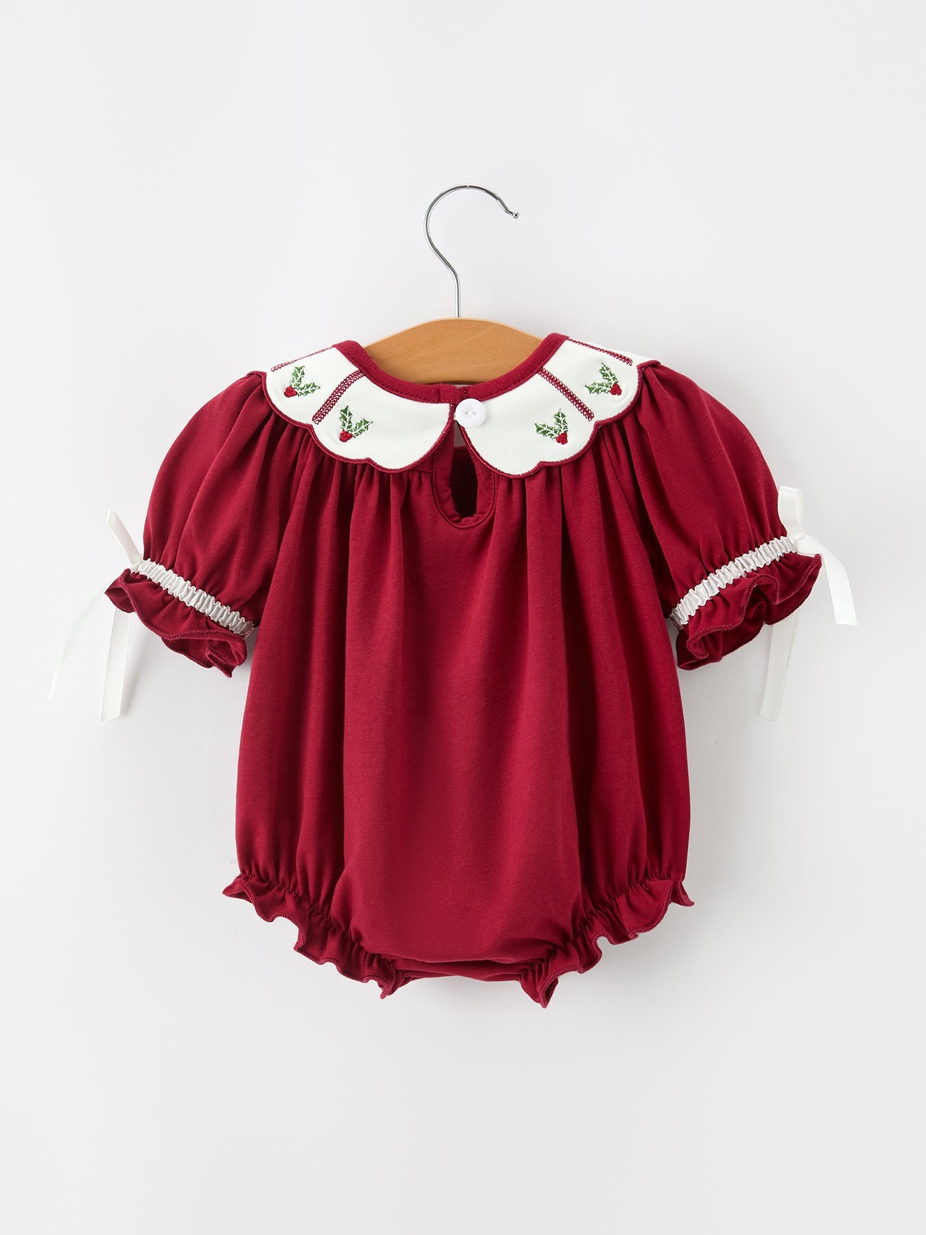 Christmas Holly Embroidered Baby Romper Petals Collar Ruffle by Rylee Faith Designs