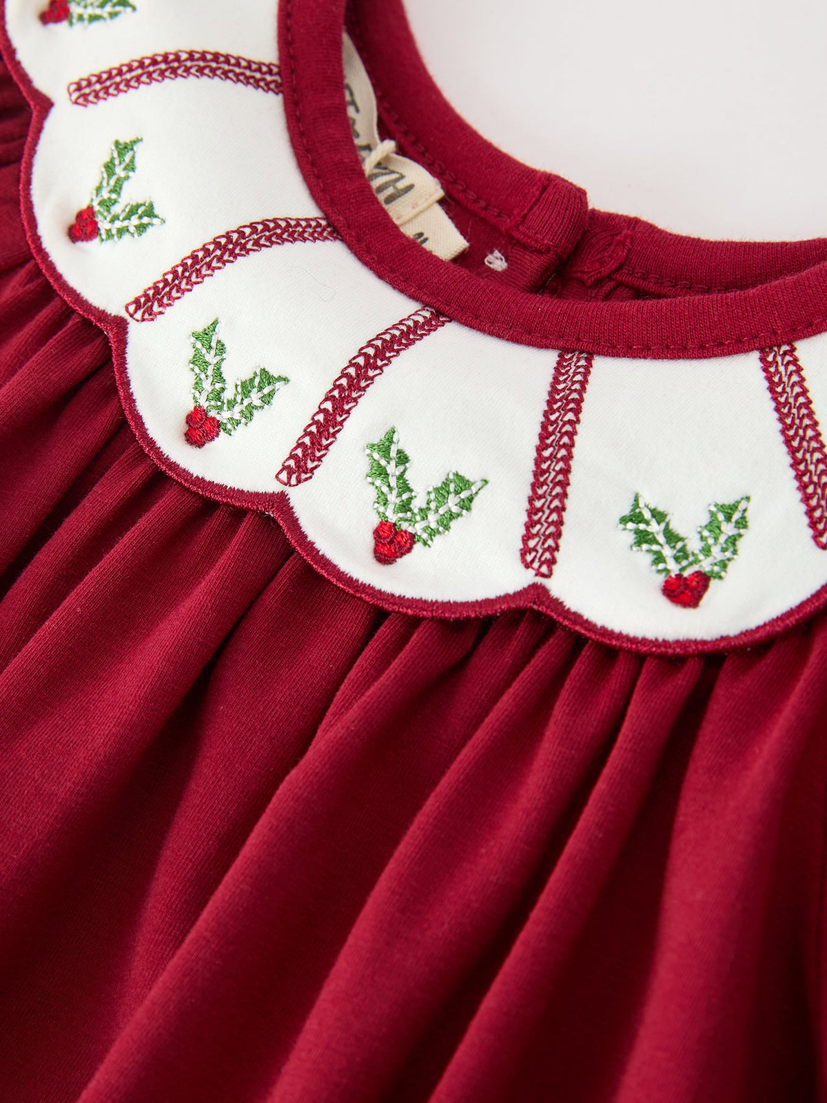 Christmas Holly Embroidered Baby Romper Petals Collar Ruffle by Rylee Faith Designs