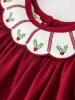 Christmas Holly Embroidered Baby Romper Petals Collar Ruffle by Rylee Faith Designs
