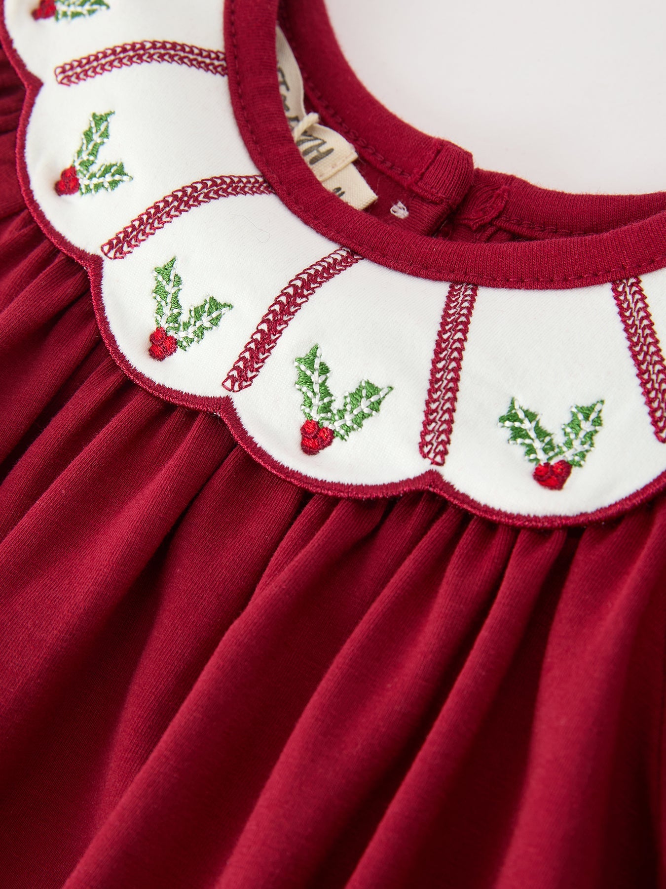 Christmas Holly Embroidered Baby Romper Petals Collar Ruffle by Rylee Faith Designs