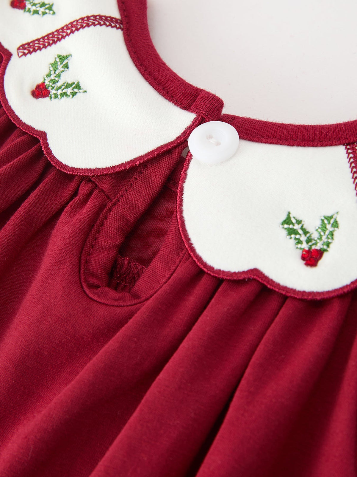 Christmas Holly Embroidered Baby Romper Petals Collar Ruffle by Rylee Faith Designs