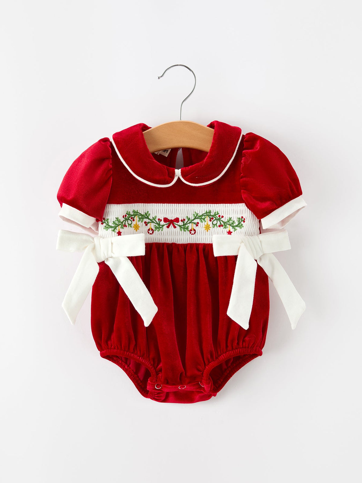 Christmas Velvet Baby Romper Smocked Embroidery Bow by Rylee Faith Designs
