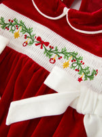 Christmas Velvet Baby Romper Smocked Embroidery Bow by Rylee Faith Designs