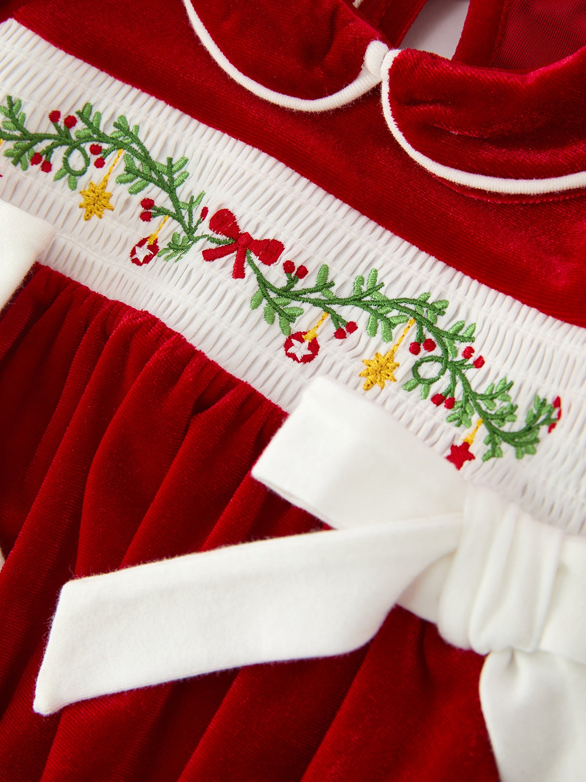 Christmas Velvet Baby Romper Smocked Embroidery Bow by Rylee Faith Designs