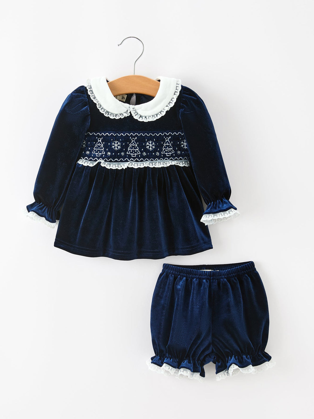 Girls Christmas Navy Velvet Smocked Top And Bloomers Outfit by Rylee Faith Designs