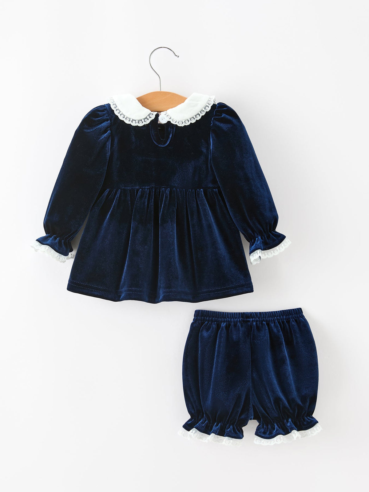 Girls Christmas Navy Velvet Smocked Top And Bloomers Outfit by Rylee Faith Designs