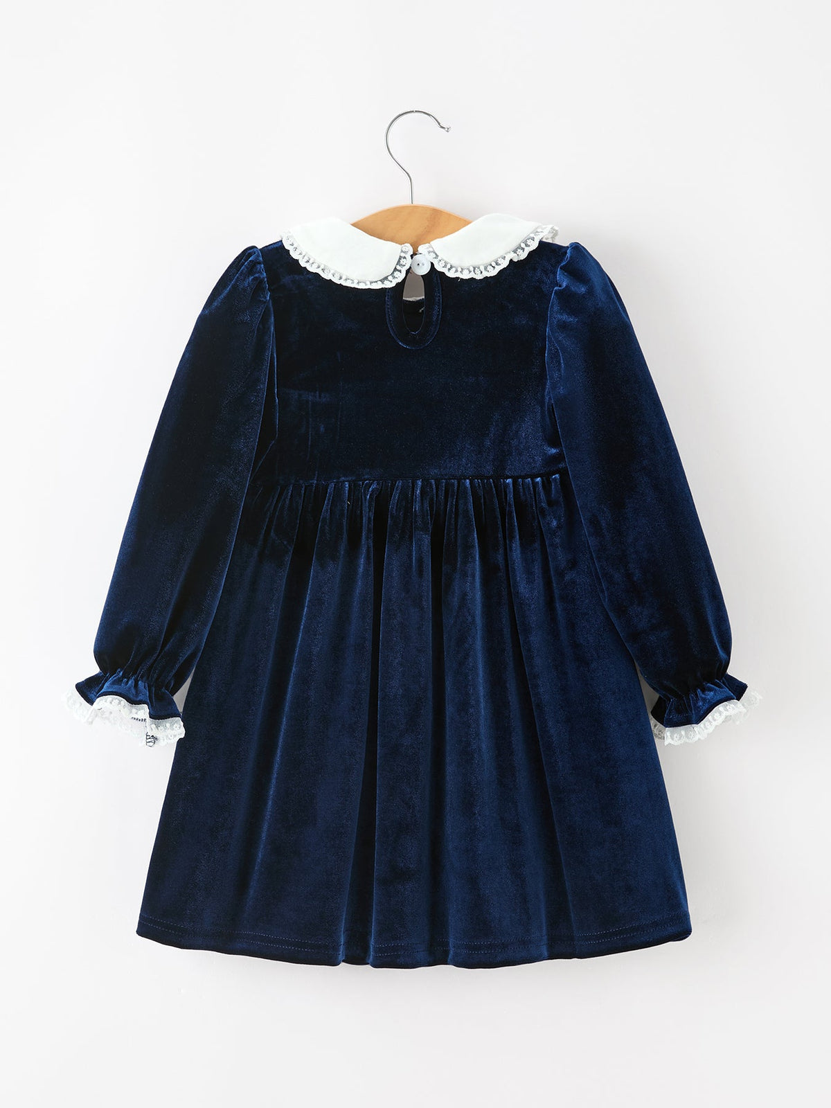 Christmas Tree Girls Navy Velvet Smocked Lace Dress by Rylee Faith Designs