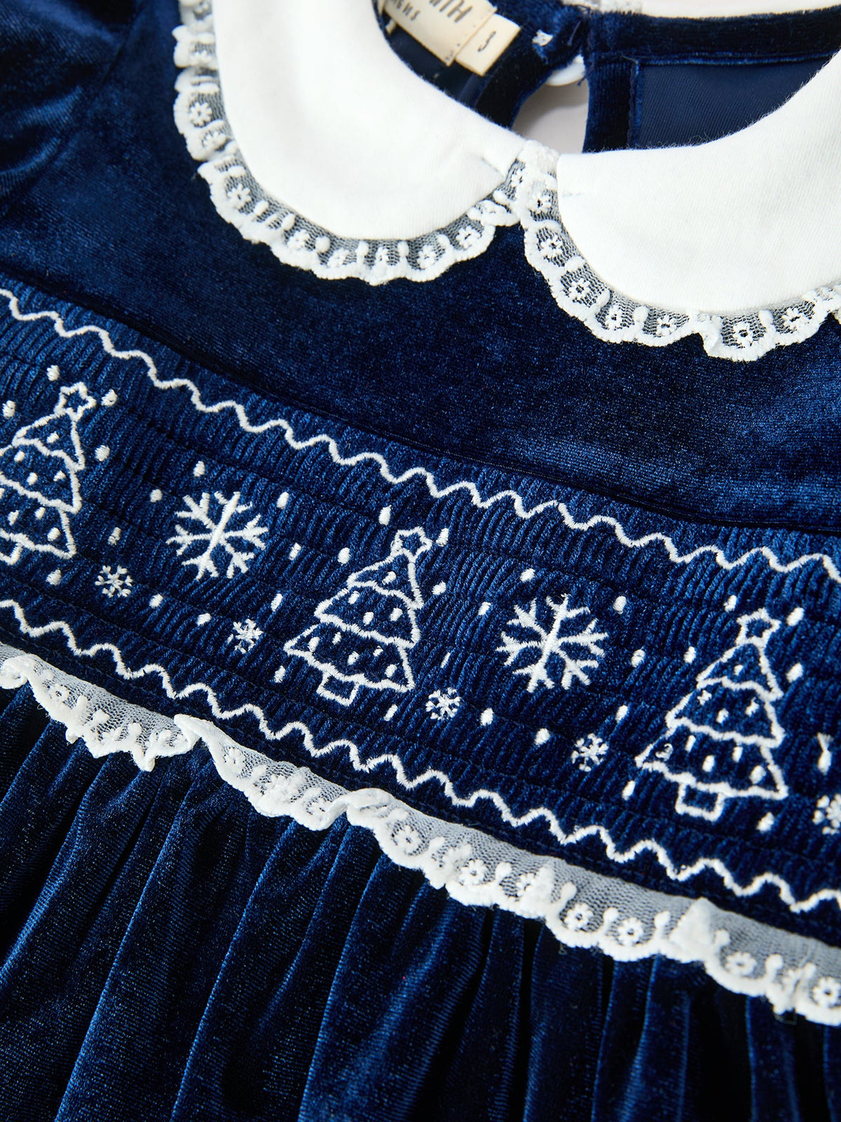 Christmas Tree Girls Navy Velvet Smocked Lace Dress by Rylee Faith Designs