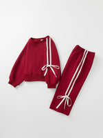 Girls Cotton Polyester Sweatshirt and Pants Set, Pink Bow Trim by Rylee Faith Designs