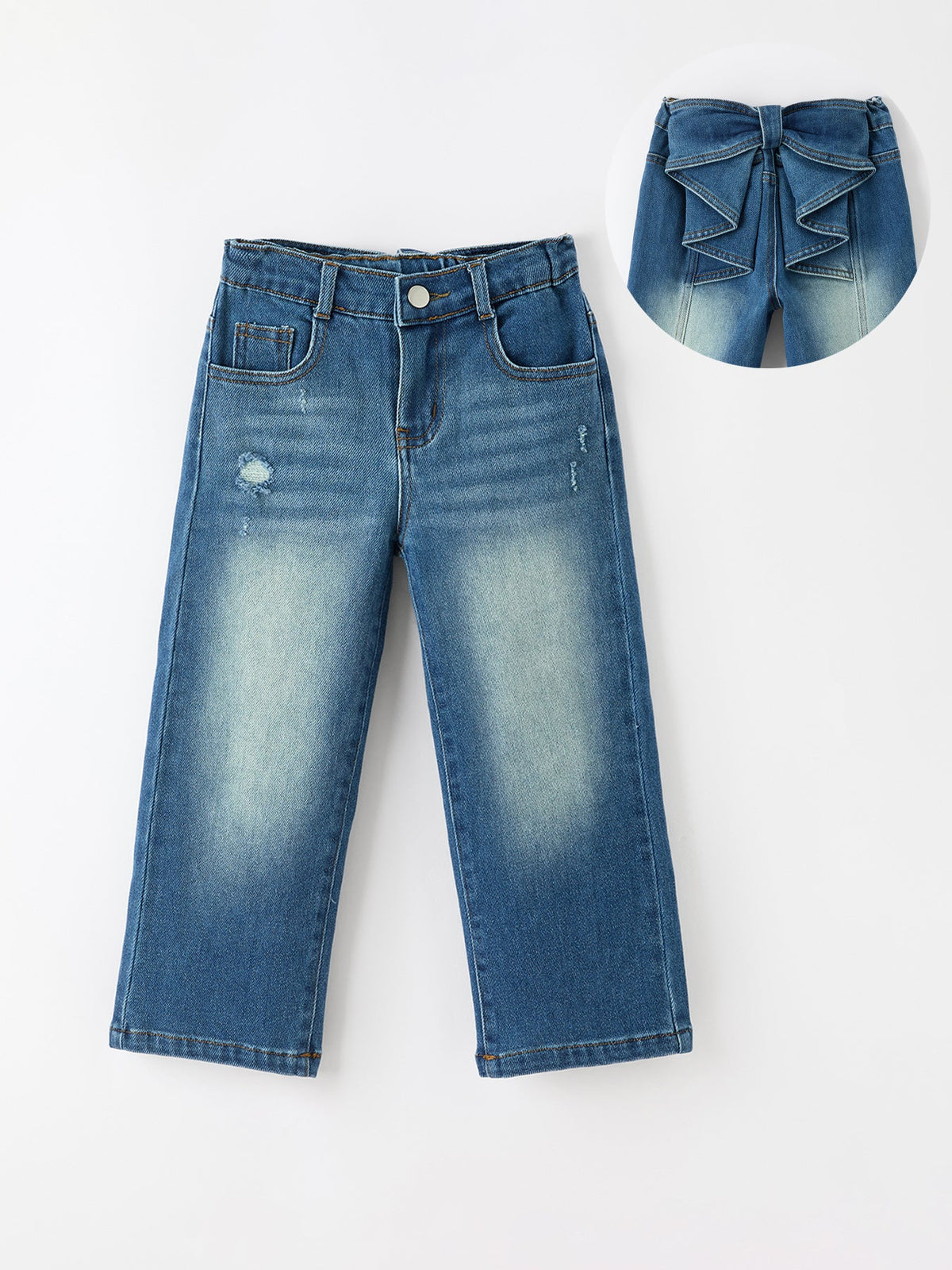 Girls Distressed Denim Jeans with Oversized Back Bow by Rylee Faith Designs
