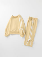 Girls Cotton Polyester Sweatshirt and Pants Set, Pink Bow Trim by Rylee Faith Designs
