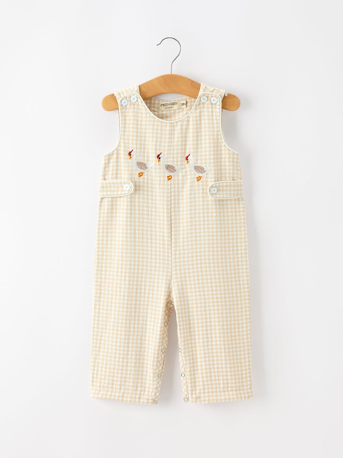 Baby boys jon jon one-piece in beige plaid with a goose embroidered on the front