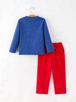 Christmas Santa Boys Blue Long Sleeve Shirt And Red Pants Set by Rylee Faith Designs