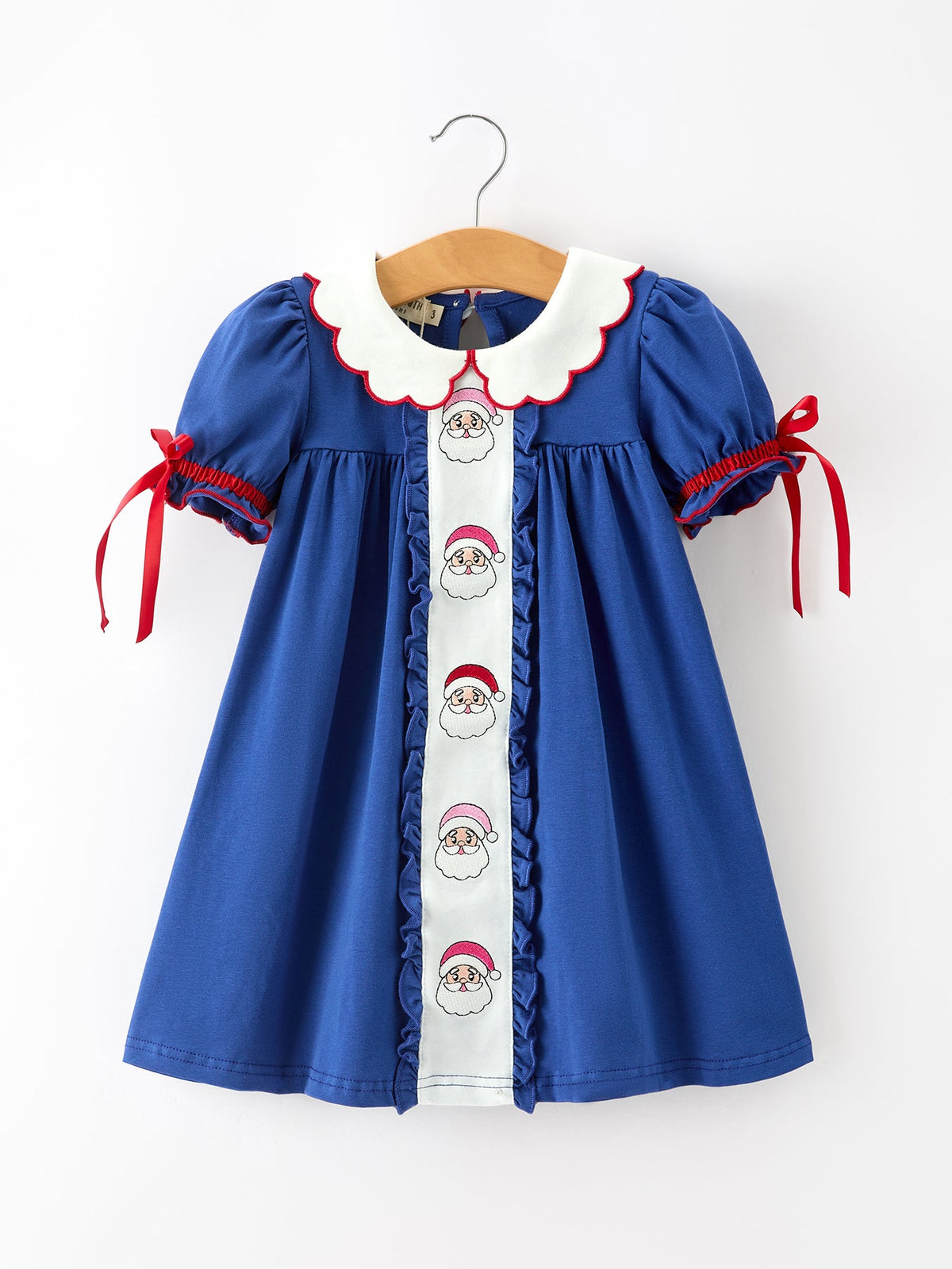Royal blue girls Christmas dress with embroidered Santa, scalloped white petal collar, puff sleeves and red ribbon bow
