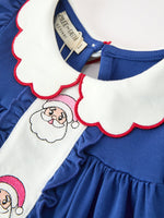 Christmas Santa Embroidery Blue Petal Collar Dress by Rylee Faith Designs