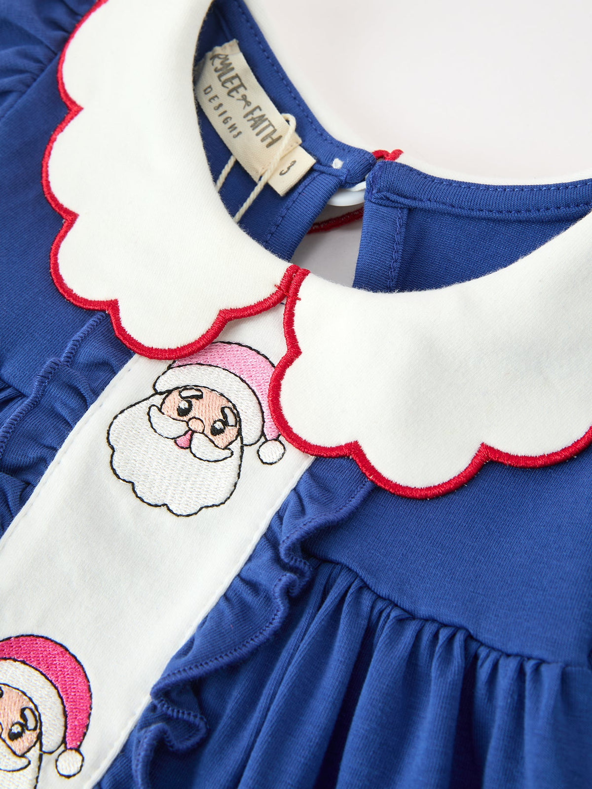 Christmas Santa Embroidery Blue Petal Collar Dress by Rylee Faith Designs