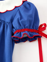 Christmas Santa Embroidery Blue Petal Collar Dress by Rylee Faith Designs