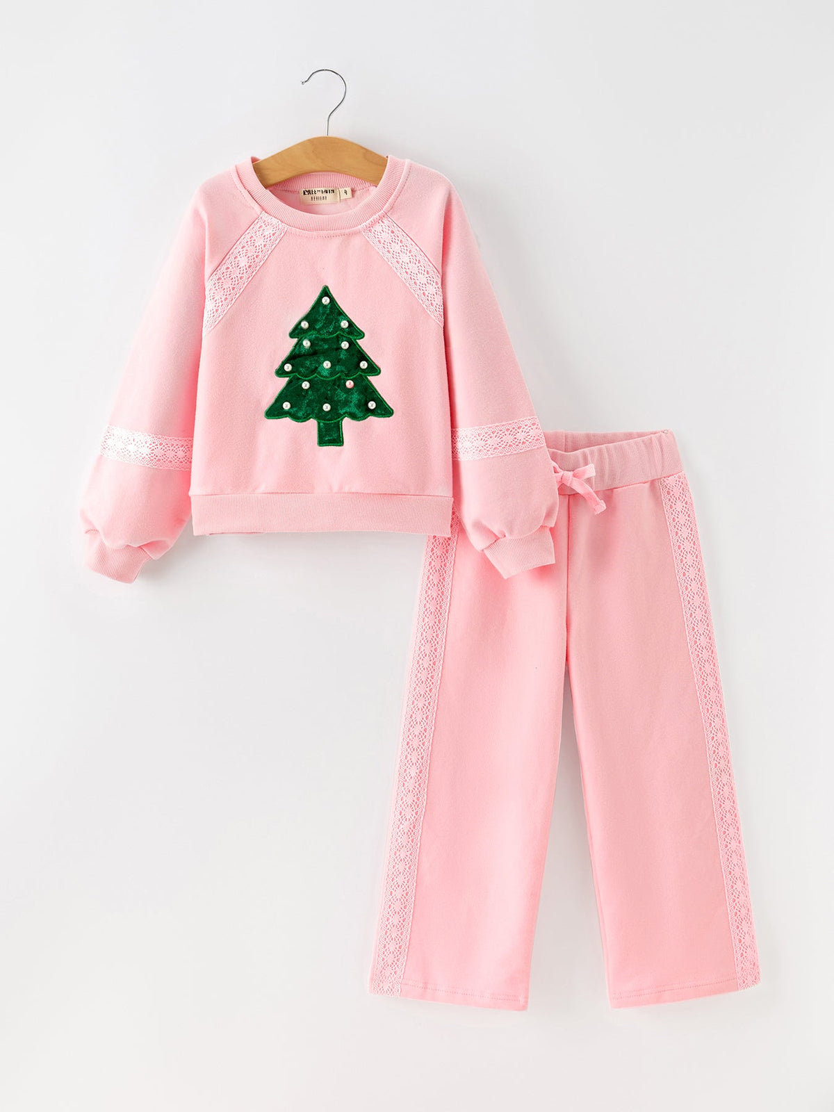Girls' pink sweatshirt with green Christmas tree applique, beads and lace, paired with matching wide-leg pants