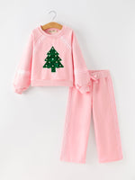 Girls' pink sweatshirt with green Christmas tree applique, beads and lace, paired with matching wide-leg pants