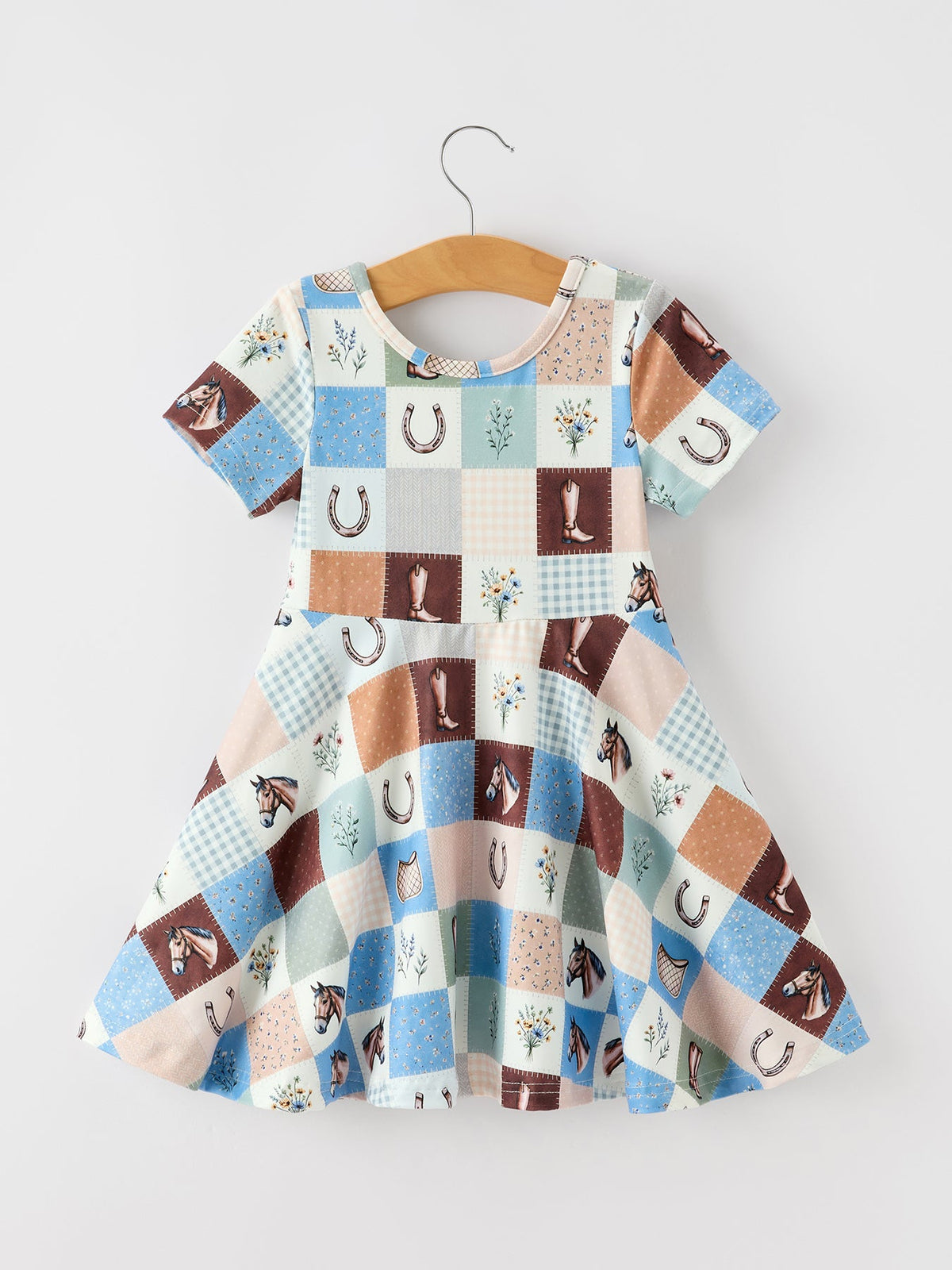 Western Horse Patchwork Print Girls Short Sleeve Twirl Dress by Rylee Faith Designs
