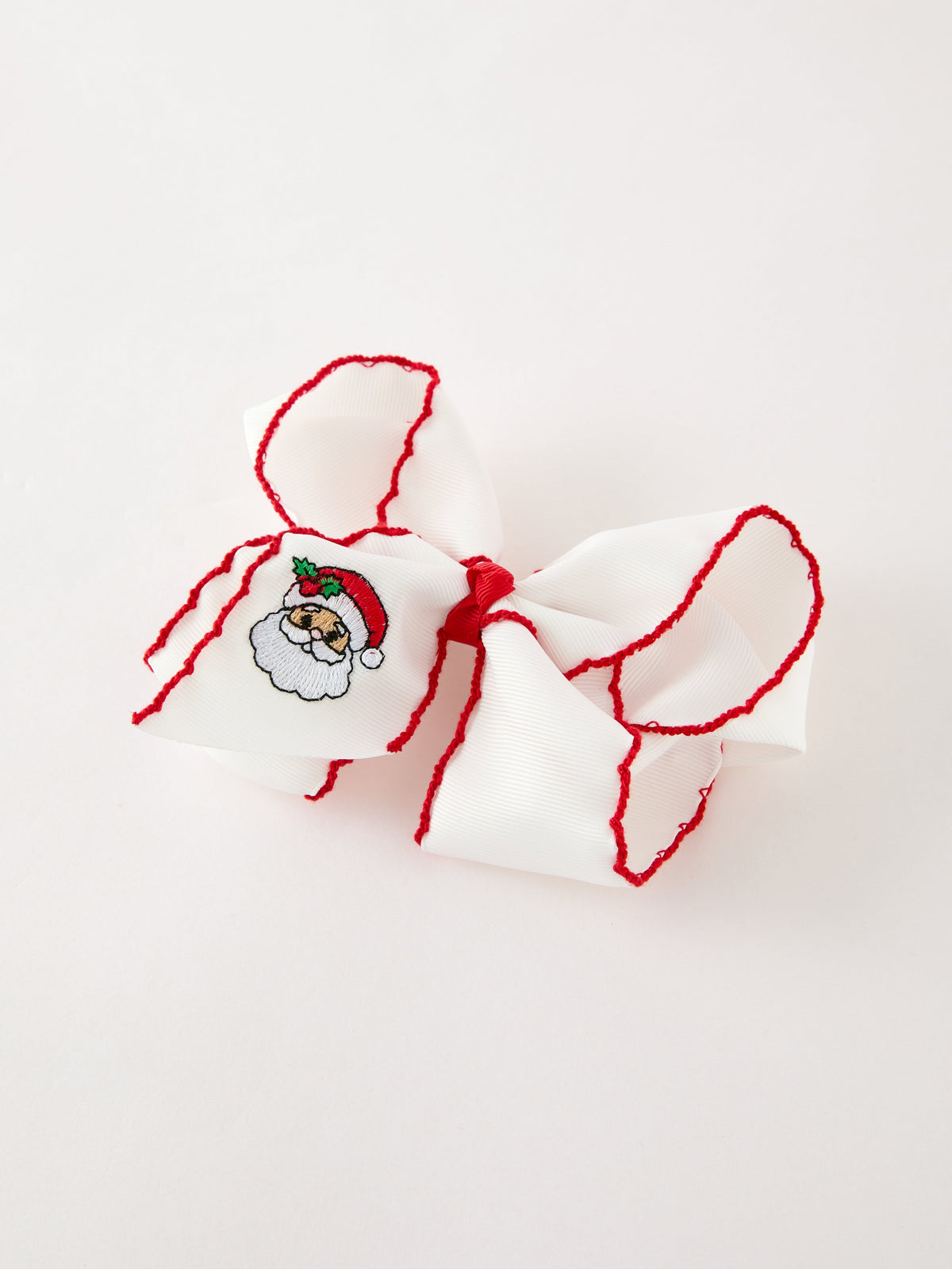 Girls' Christmas Santa Embroidered 6.25" Hair Bow – White/Pink by Rylee Faith Designs
