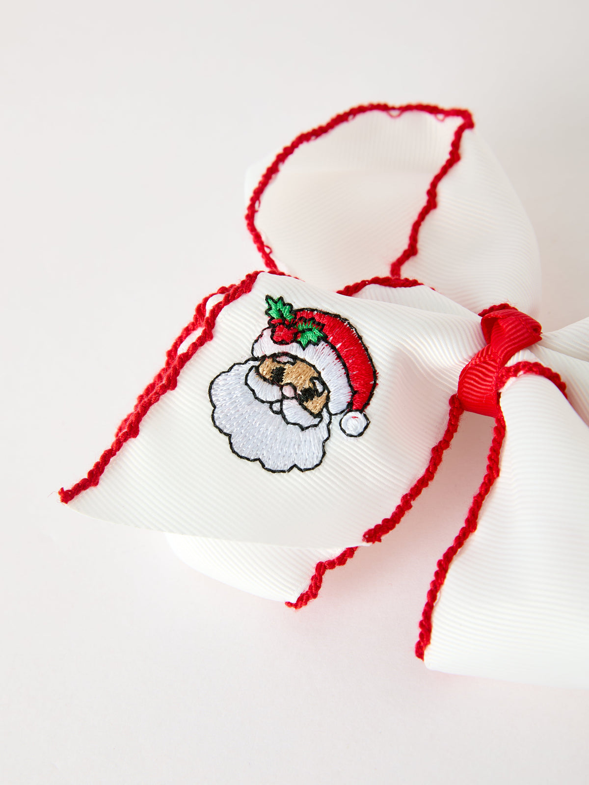 Girls' Christmas Santa Embroidered 6.25" Hair Bow – White/Pink by Rylee Faith Designs