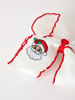 Girls' Christmas Santa Embroidered 6.25" Hair Bow – White/Pink by Rylee Faith Designs