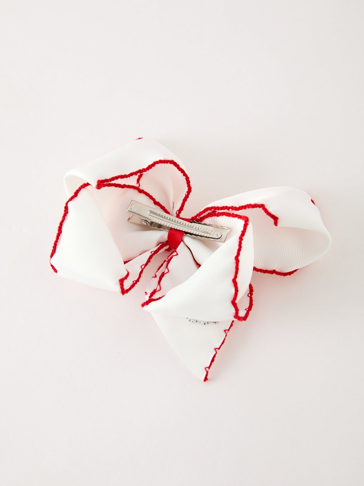 Girls' Christmas Santa Embroidered 6.25" Hair Bow – White/Pink by Rylee Faith Designs