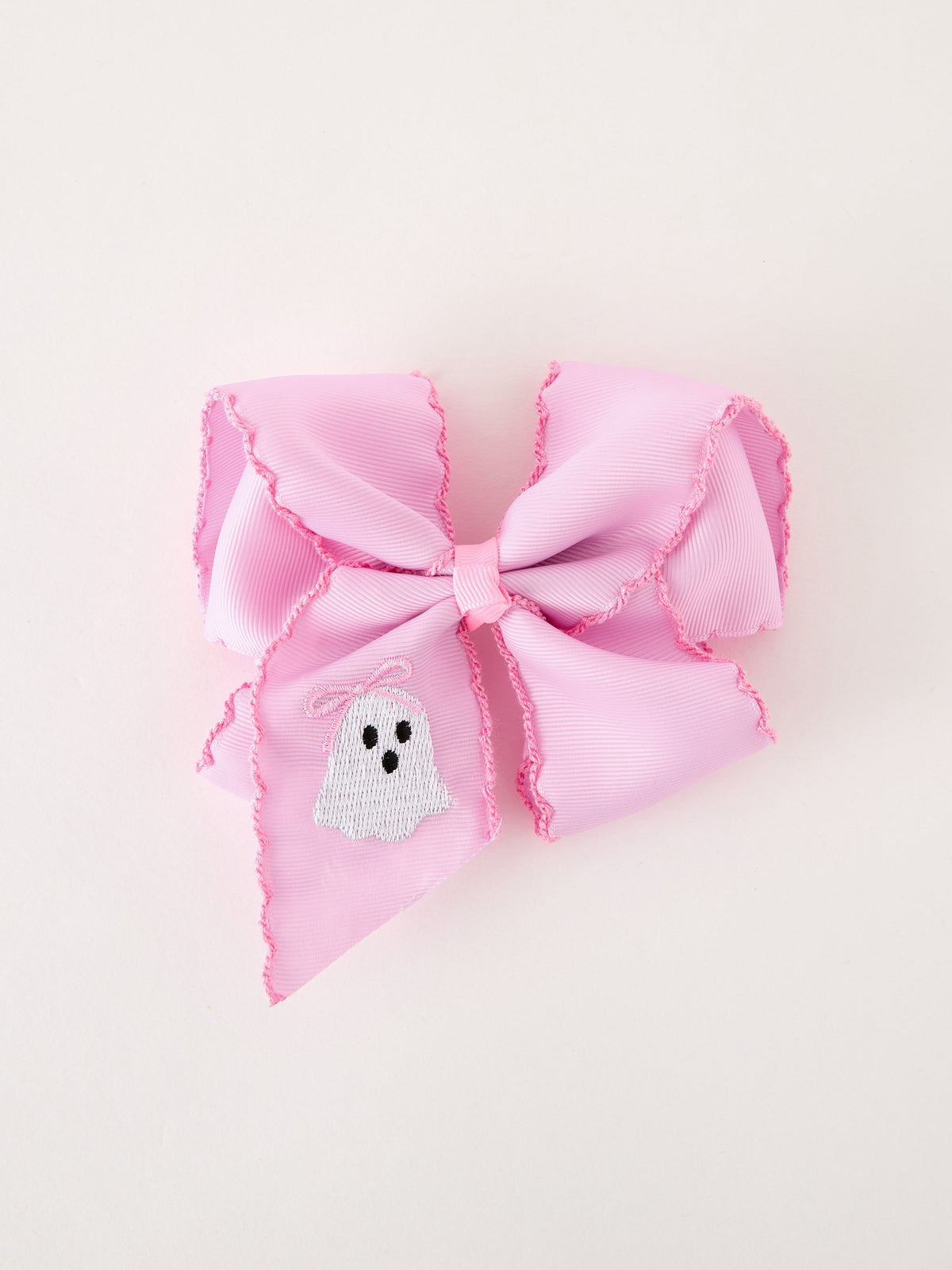 Halloween Girls Pink Ghost Embroidered 6.25" Hair Bow by Rylee Faith Designs