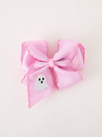 Halloween Girls Pink Ghost Embroidered 6.25" Hair Bow by Rylee Faith Designs
