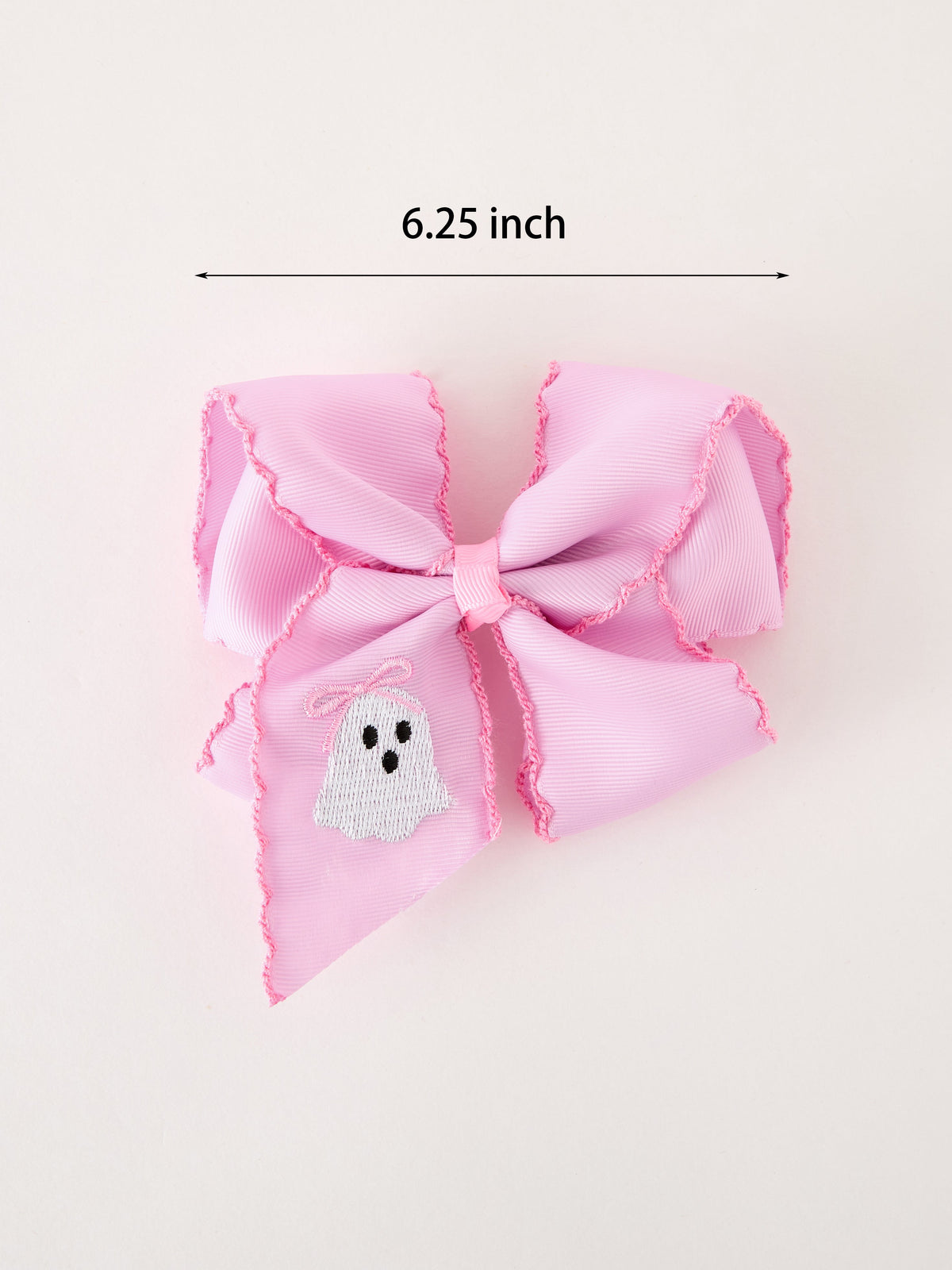 Halloween Girls Pink Ghost Embroidered 6.25" Hair Bow by Rylee Faith Designs