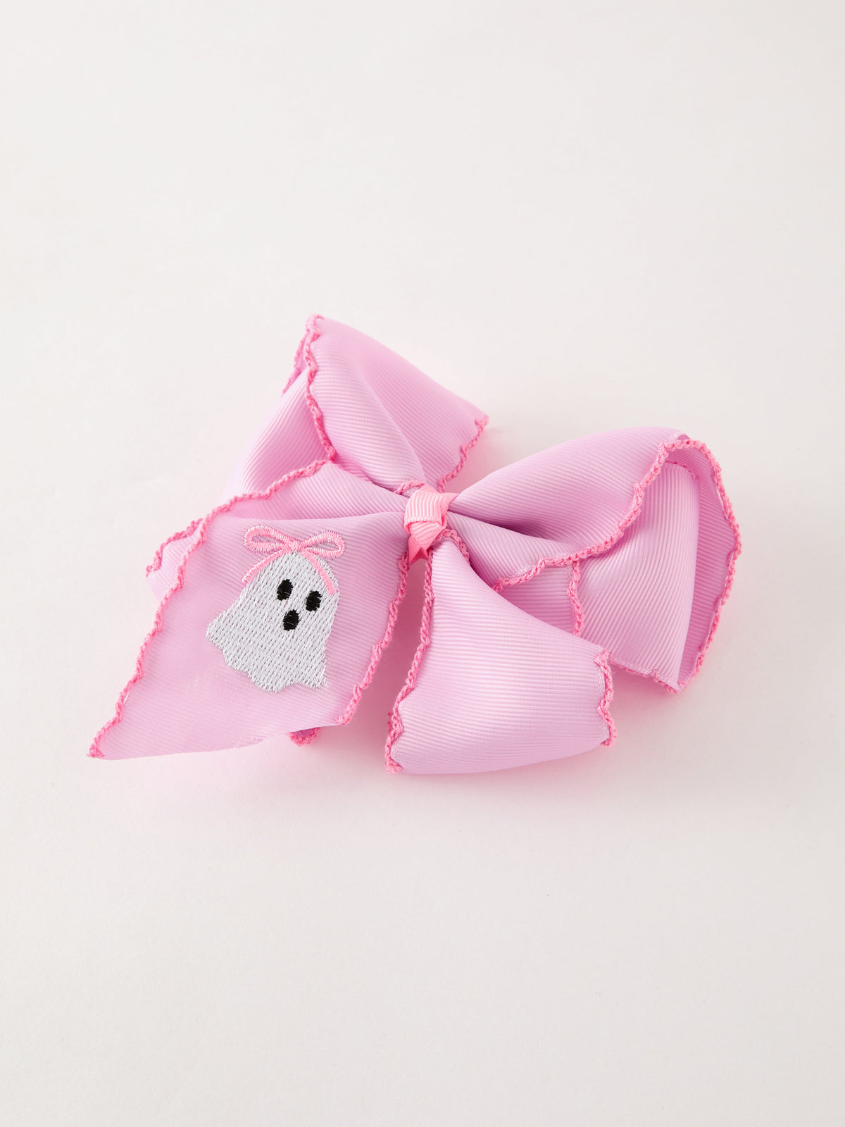 Halloween Girls Pink Ghost Embroidered 6.25" Hair Bow by Rylee Faith Designs