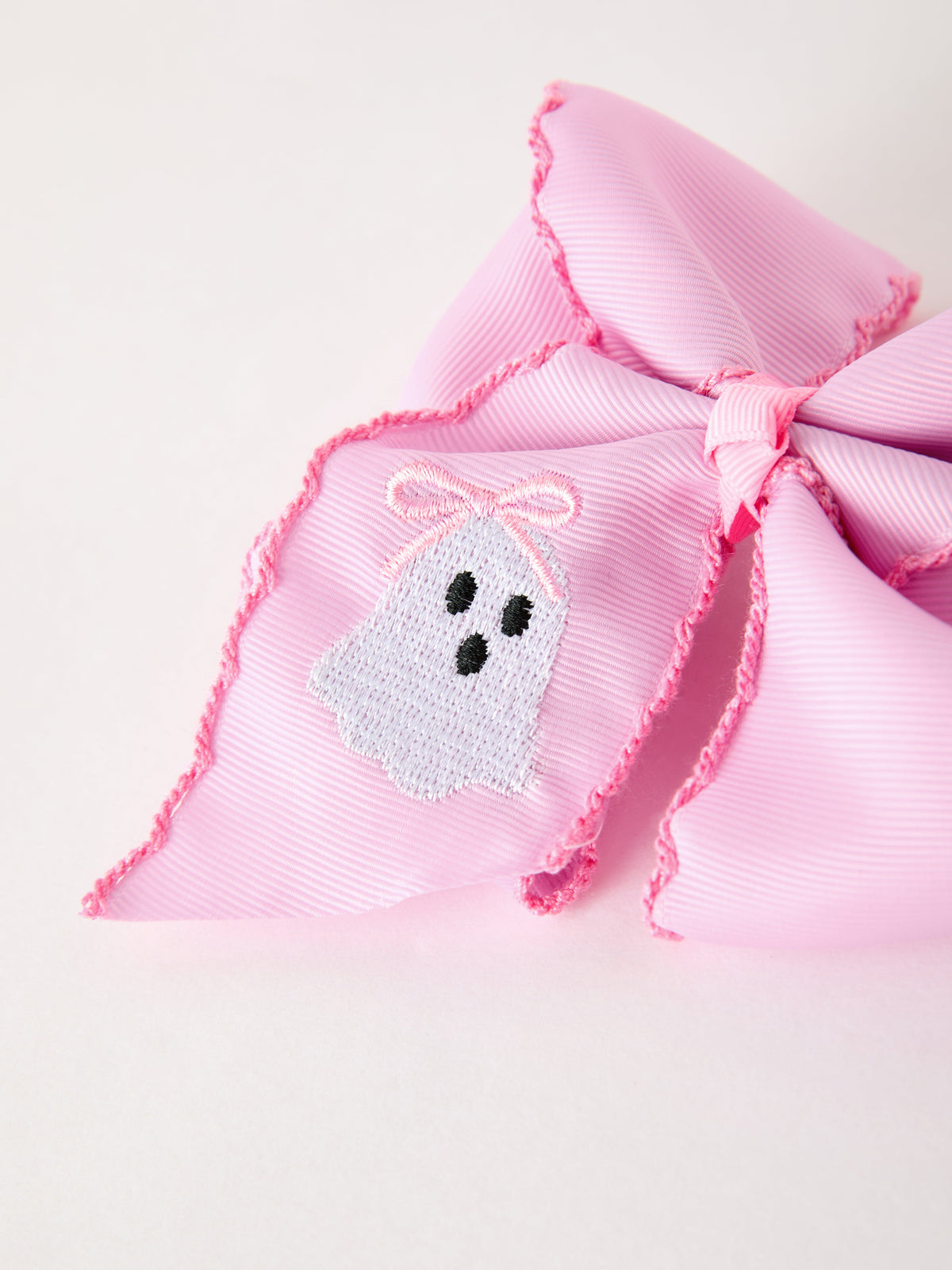 Halloween Girls Pink Ghost Embroidered 6.25" Hair Bow by Rylee Faith Designs