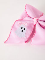 Halloween Girls Pink Ghost Embroidered 6.25" Hair Bow by Rylee Faith Designs