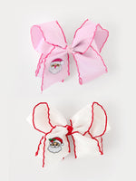 Girls' Christmas Santa Embroidered 6.25" Hair Bow – White/Pink by Rylee Faith Designs