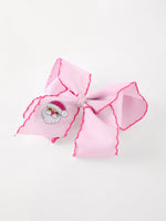 Girls' Christmas Santa Embroidered 6.25" Hair Bow – White/Pink by Rylee Faith Designs