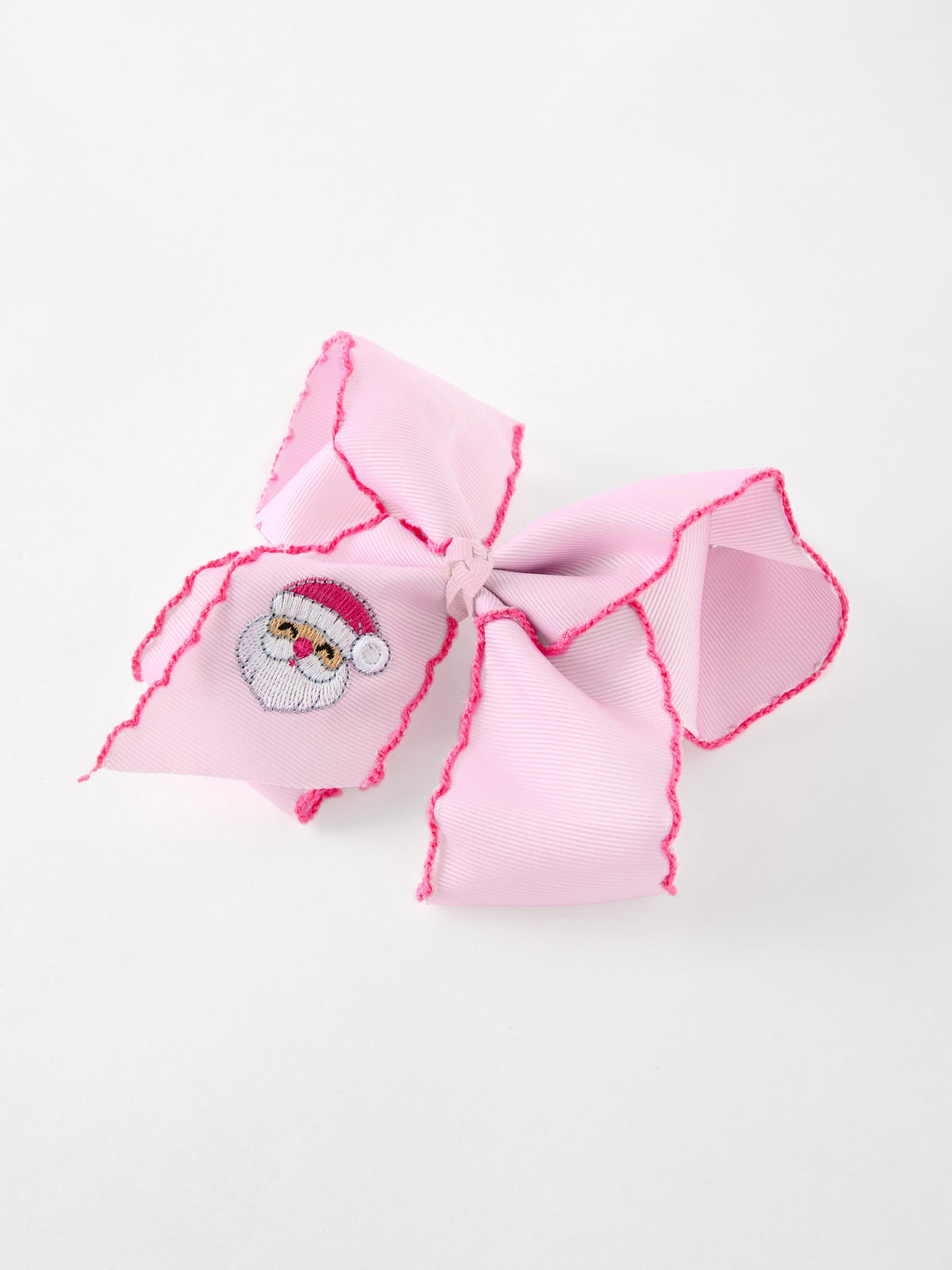 Girls' Christmas Santa Embroidered 6.25" Hair Bow – White/Pink by Rylee Faith Designs