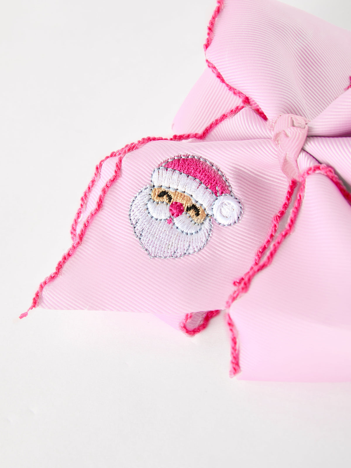 Girls' Christmas Santa Embroidered 6.25" Hair Bow – White/Pink by Rylee Faith Designs