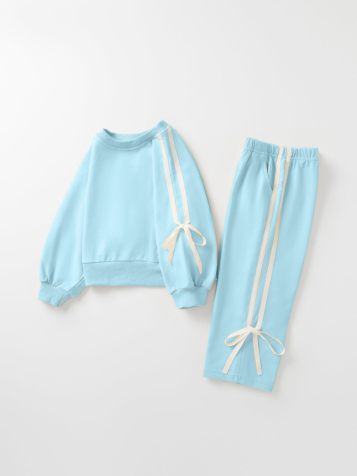 Girls Cotton Polyester Sweatshirt and Pants Set, Pink Bow Trim by Rylee Faith Designs
