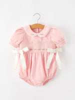 Fall Baby Girls Pink Floral Embroidered Smocked Bow Bubble Romper by Rylee Faith Designs