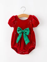 Baby Girls Christmas Red Velvet Rhinestone Bow Bubble Romper by Rylee Faith Designs