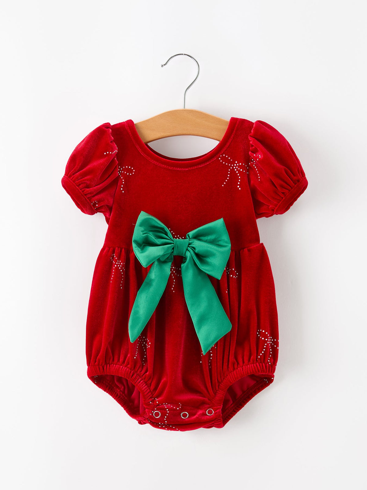 Baby girl burgundy velvet bubble romper with ruffle collar, smocked chest with pearl accents and long puff sleeves