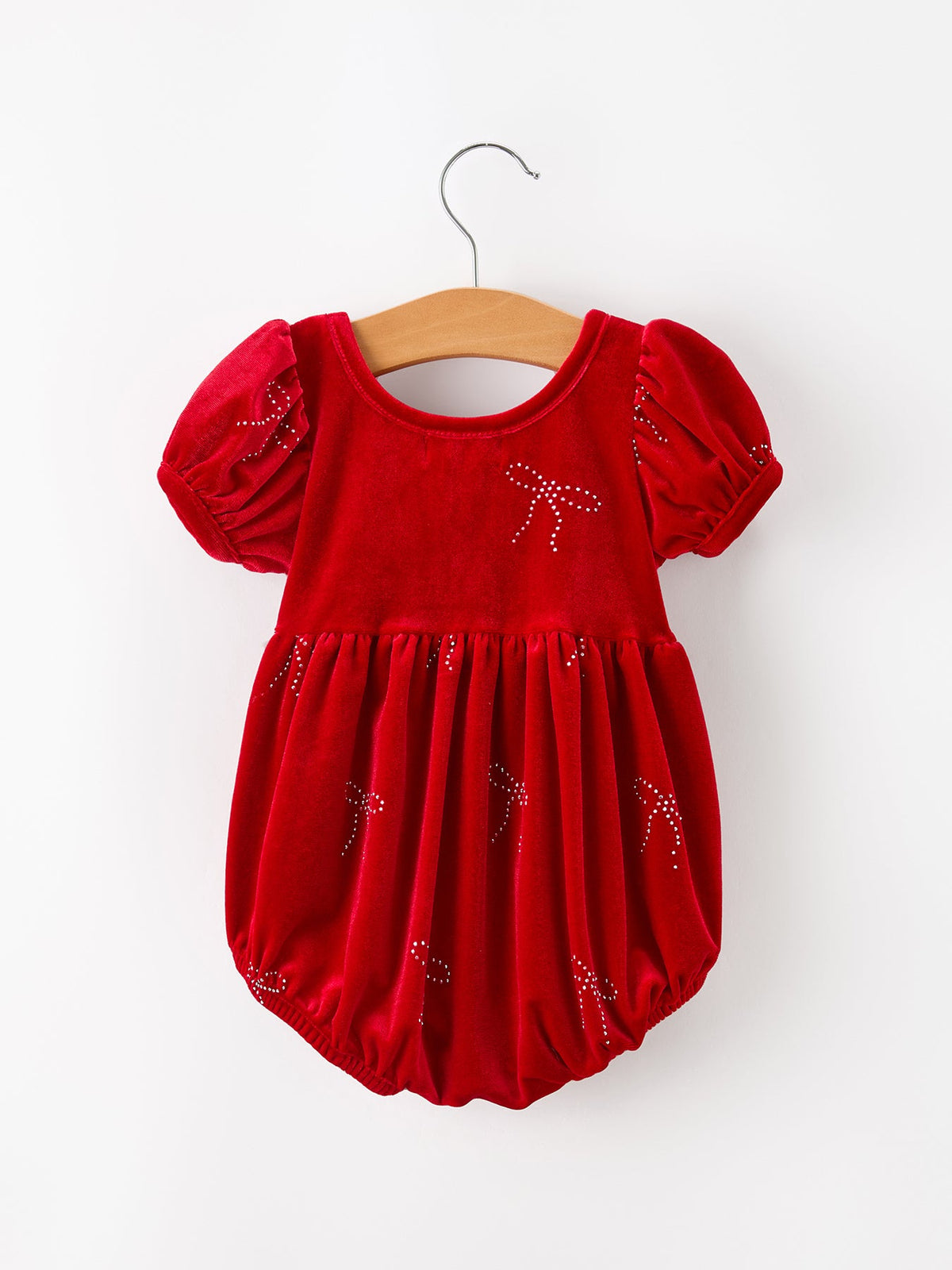 Baby Girls Christmas Red Velvet Rhinestone Bow Bubble Romper by Rylee Faith Designs