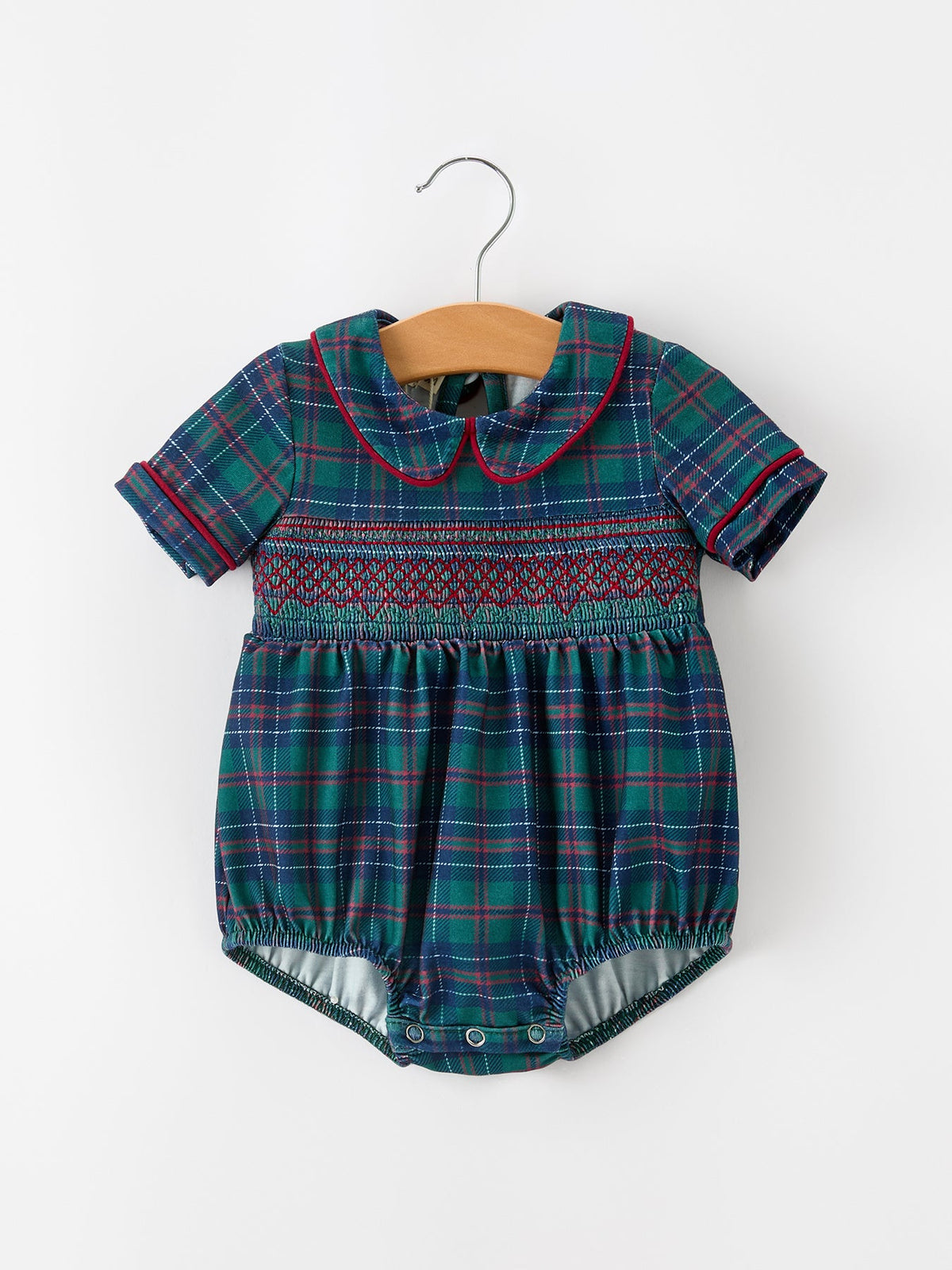 Christmas Baby Boys Plaid Smocked Peter Pan Collar Bubble Romper by Rylee Faith Designs