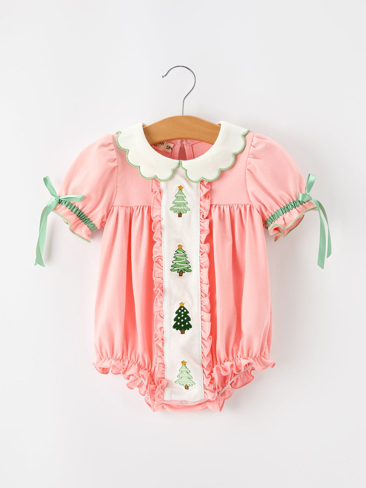 Christmas Baby Girls Pink Christmas Tree Embroidered Ruffle Romper by Rylee Faith Designs
